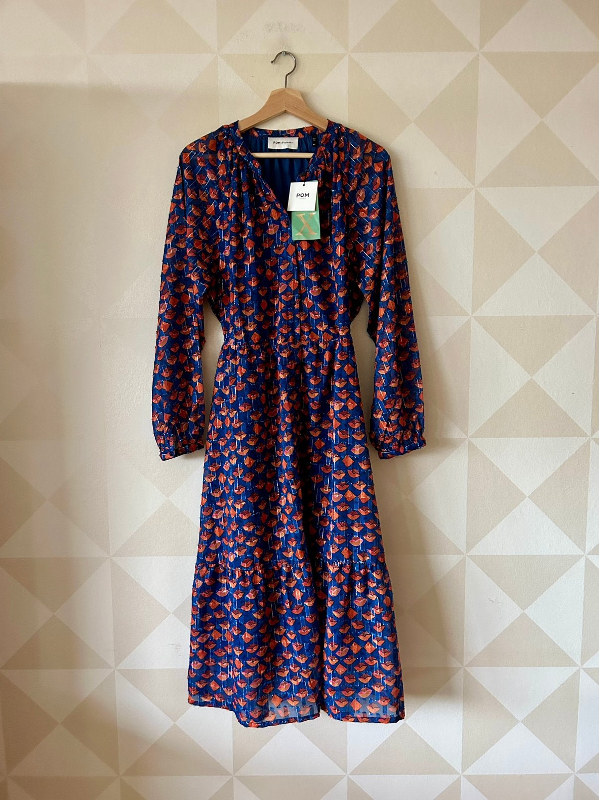 Pom Amsterdam midi  jurk donkerblauw rood lip XL/42 NIEUW, Kleding | Dames, Blauw, Maat 46/48 (XL) of groter, Nieuw, Ophalen of Verzenden
