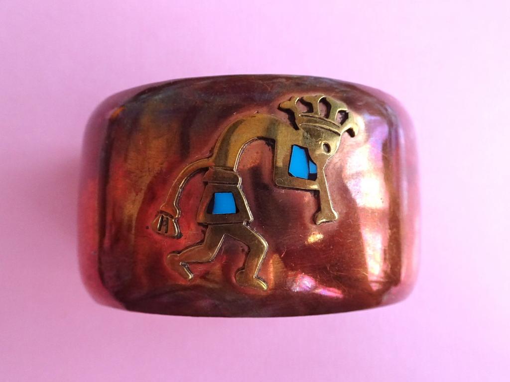 jwg Brede vintage 60s koper armband turkoois goud kl Mexico, Sieraden, Tassen en Uiterlijk, Antieke sieraden, Verzenden, Koper