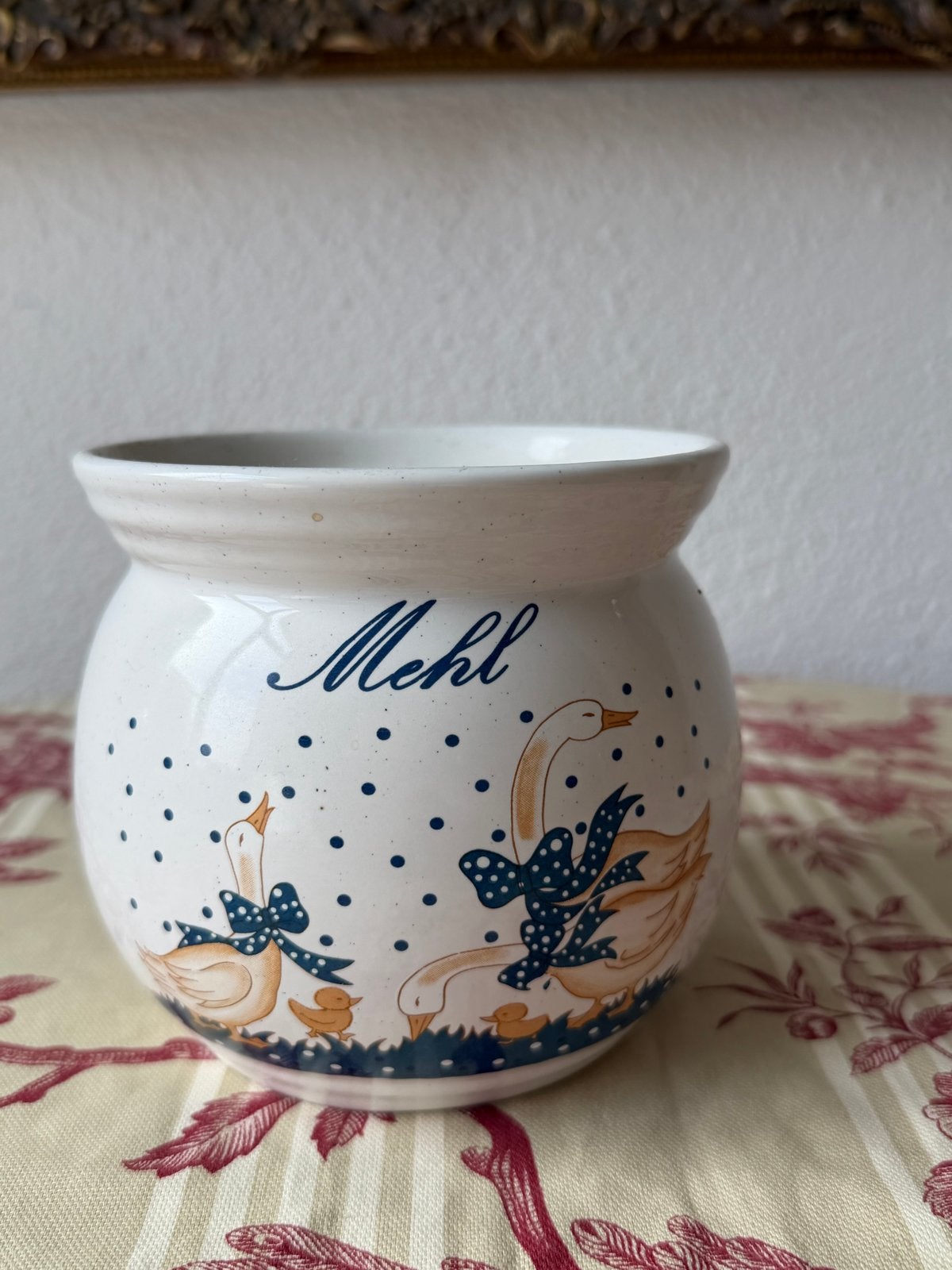 Vintage bloempot'Mehl' met Ganzenmotief, Gebruikt, Ophalen of Verzenden, Voorraadpot, Steen/keramiek