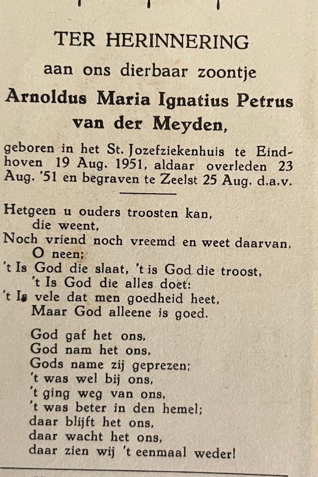 Arnoldus Maria I. P.van der Meyden 1951, Verzamelen, Bidprentjes en Rouwkaarten, Ophalen of Verzenden
