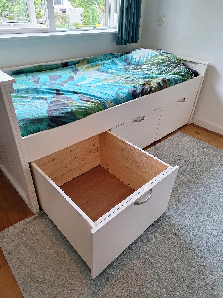 bed met veel opbergruimte, Ophalen, Eenpersoons, Wit, 200 cm