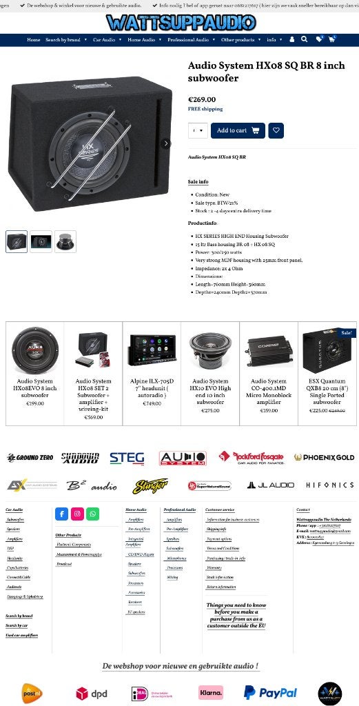 Audio System HX08 SQ BR 8 inch subwoofer High end Series, Info@optimount.nl, Nieuw, Ophalen of Verzenden, Anholtseweg 48A 7091 HB DINXPERLO