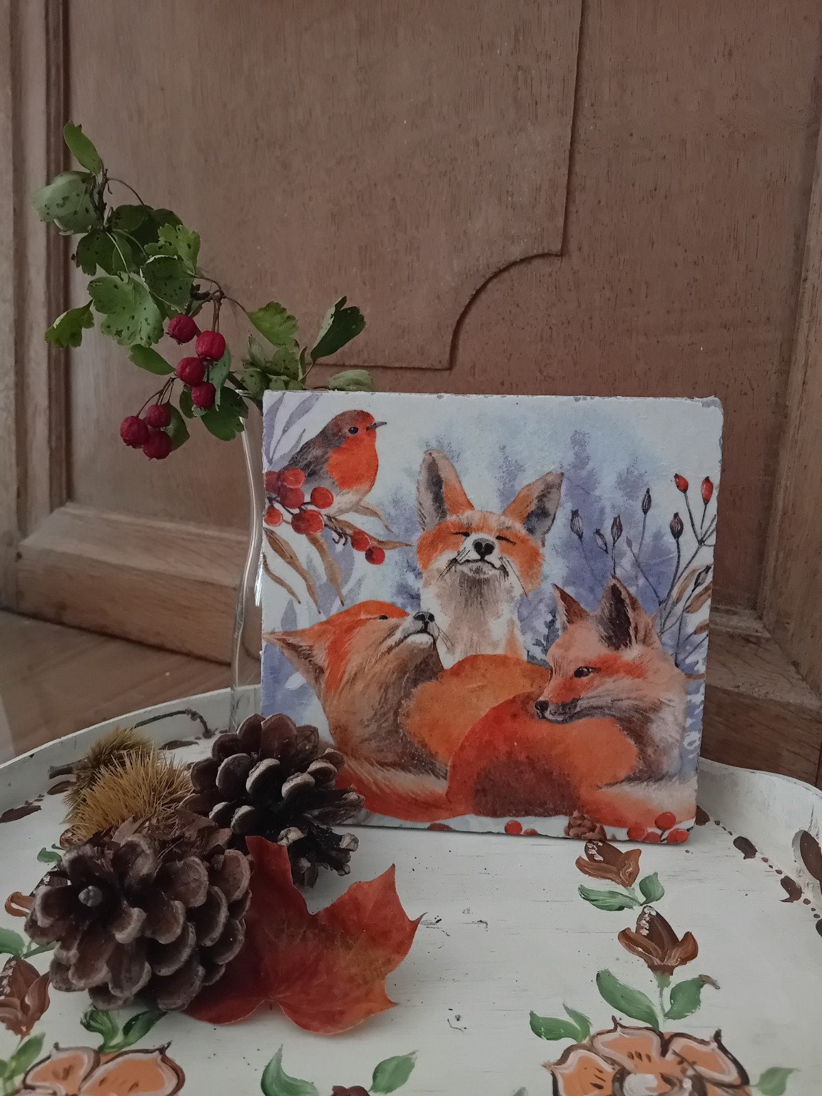 Decoratie herfst tegel met afbeelding "roodborstje en vosjes, Ophalen of Verzenden, Nieuw