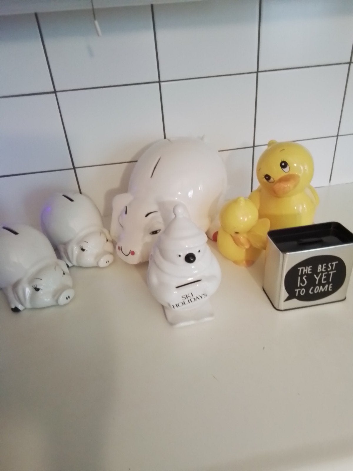 7 leuke spaarpotten: varkens, eenden, sneeuwpop en blik, Verzamelen, Ophalen of Verzenden, Gebruikt, Metaal of Blik, Overige thema's
