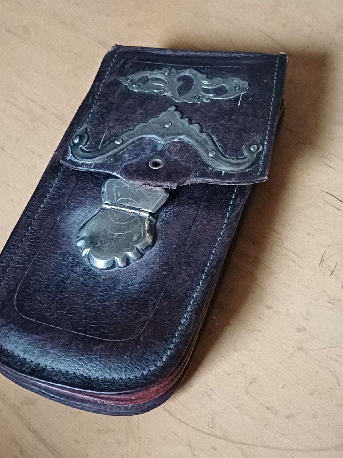 Leren sigarenkoker, etui met zilveren beslag. Rond 1900, Ophalen of Verzenden