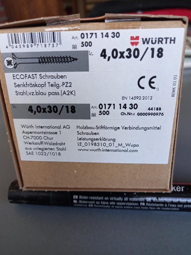 Wurth schroeven kruiskop 4,0x30/18, Doe-het-zelf en Verbouw, IJzerwaren en Bevestigingsmiddelen, Ophalen