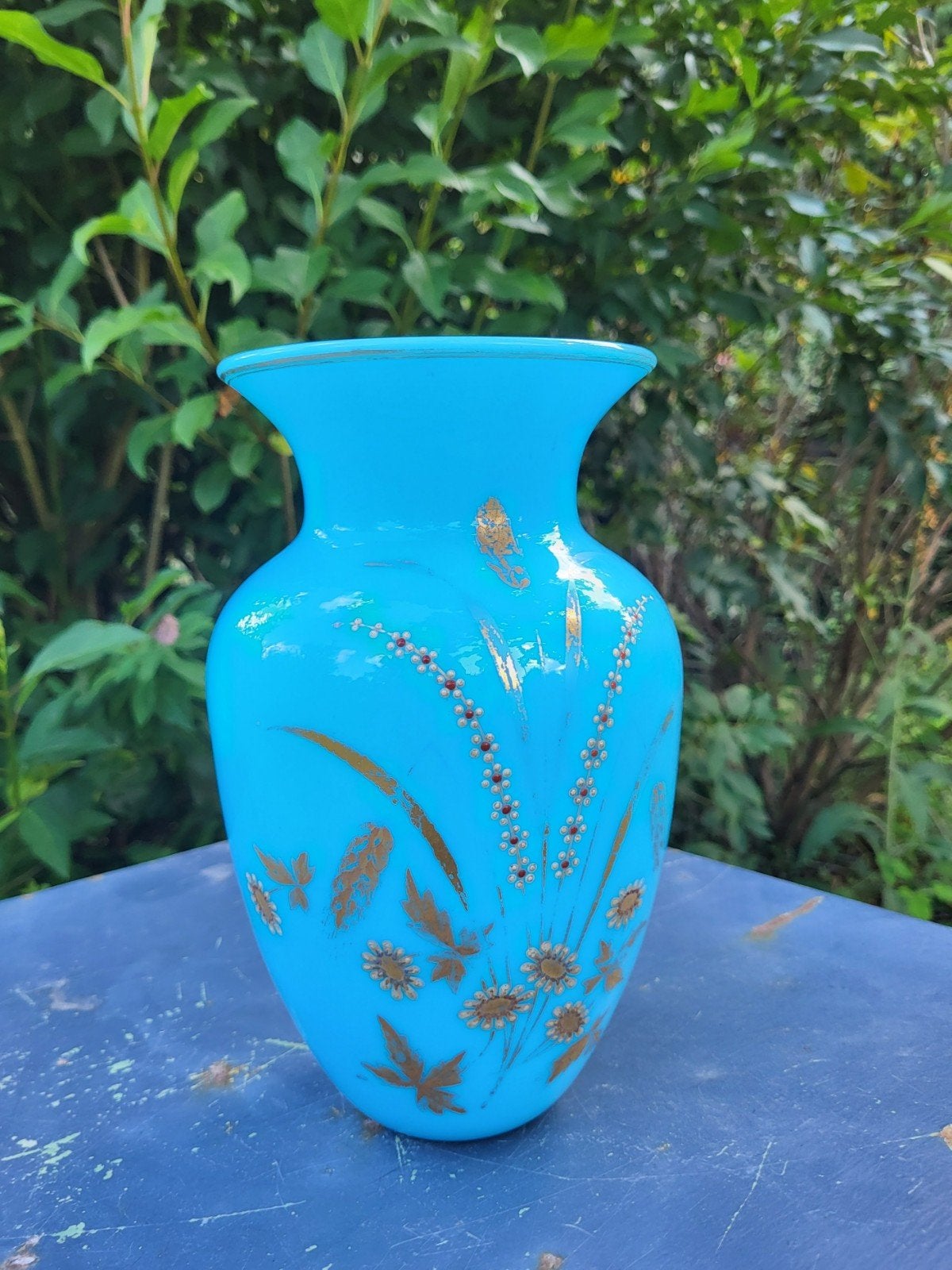 Franse brocante blauwe opaline vaas  / allegonda, Antiek en Kunst, Ophalen of Verzenden
