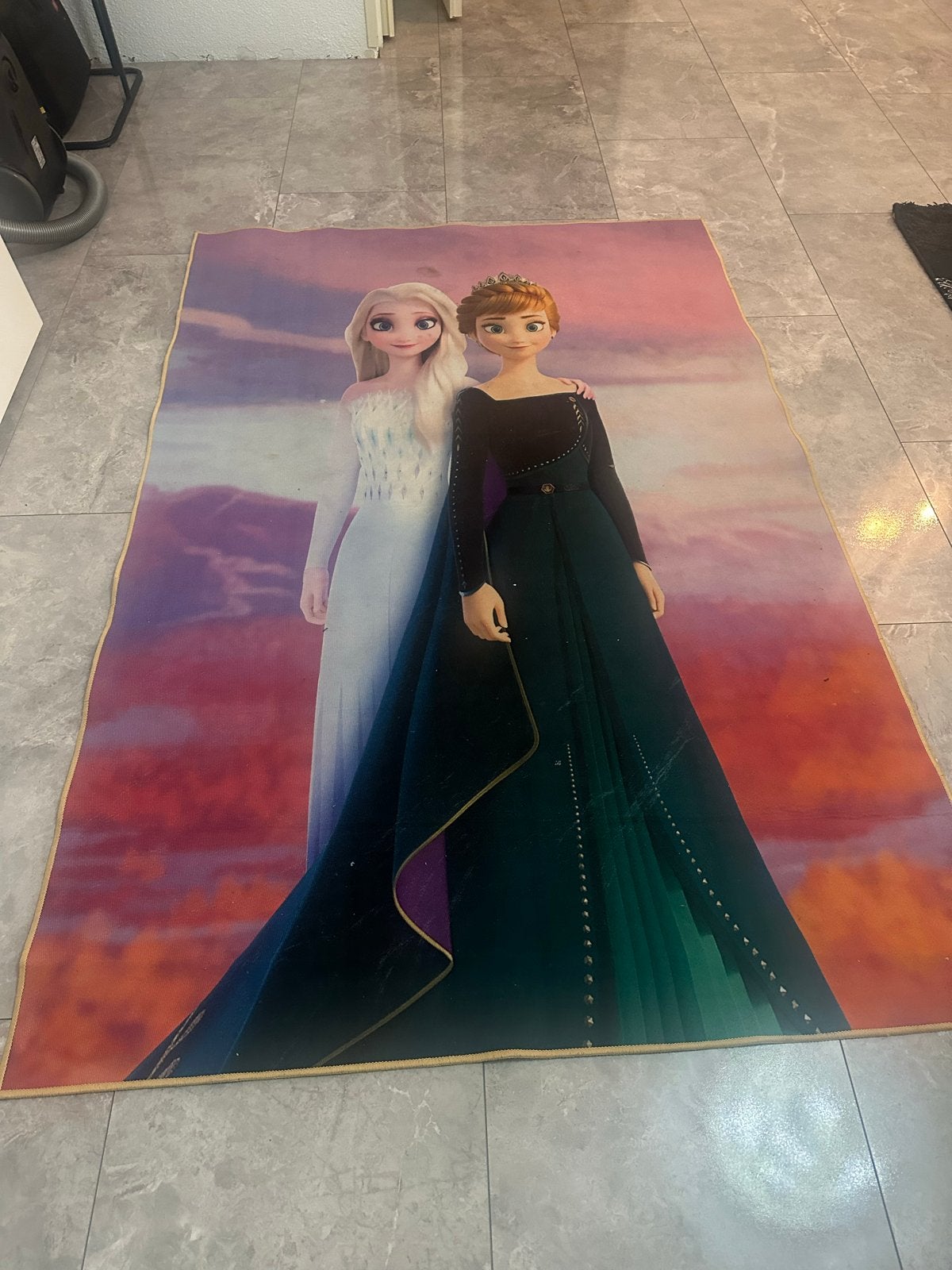 Frozen vloerkleed met Elsa en Anna, Gebruikt, 100 tot 150 cm, Blauw, Ophalen of Verzenden