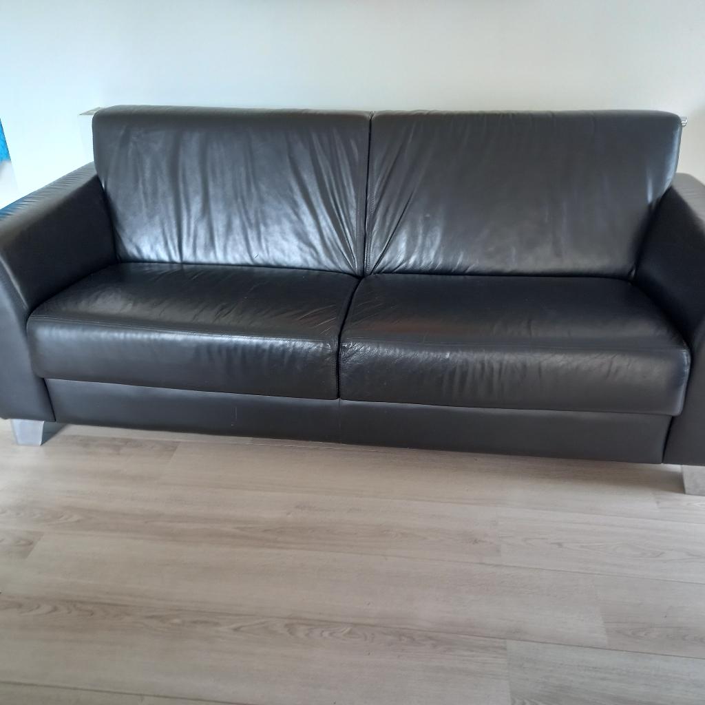 Zwart leren bank 2 mtr breed., Ophalen, Gebruikt, Tweepersoons, Leer