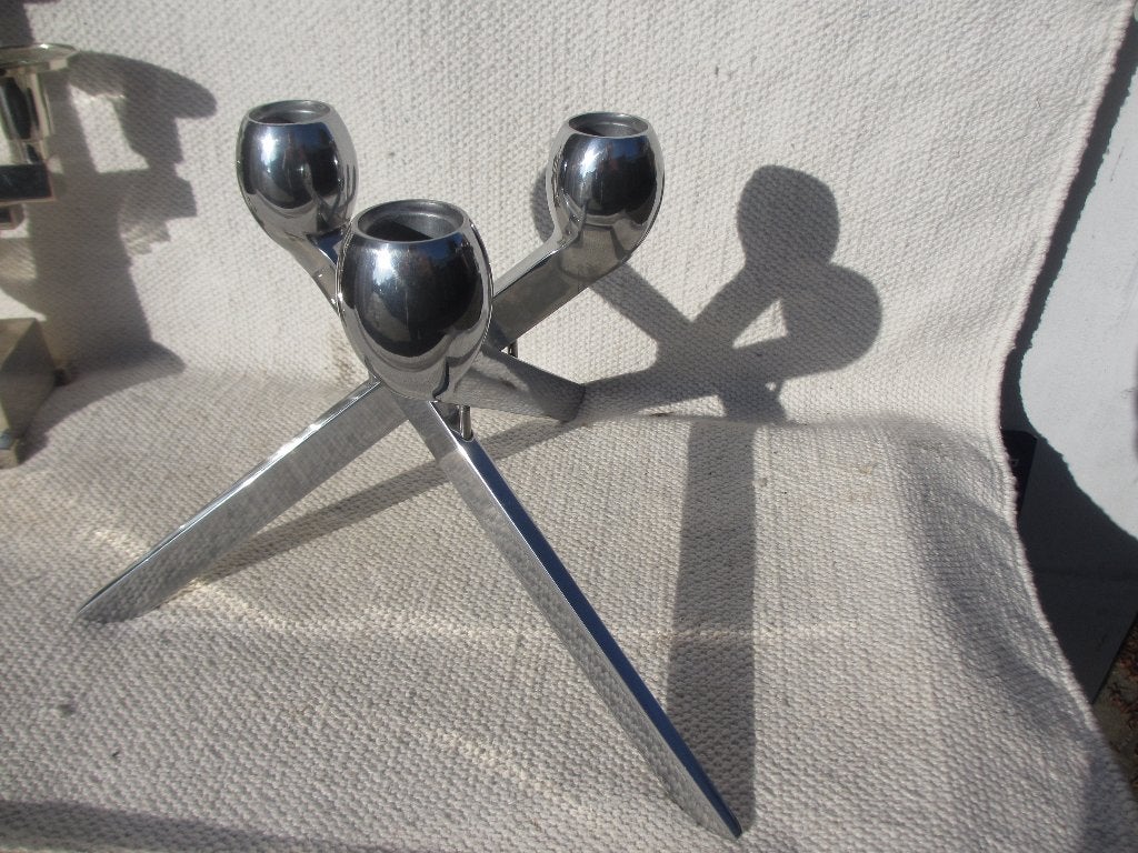 TWEE bijzondere space age kandelaars, Gebruikt, Ophalen of Verzenden, 22 cm, Metaal