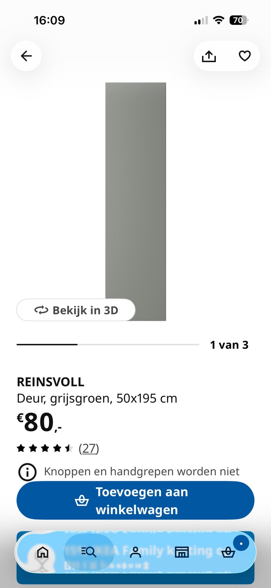 REINSVOLL Deur, grijsgroen, 50x195 cm (2 stuks voor 35,-), Ophalen, Gebruikt, 50 tot 100 cm, Minder dan 25 cm