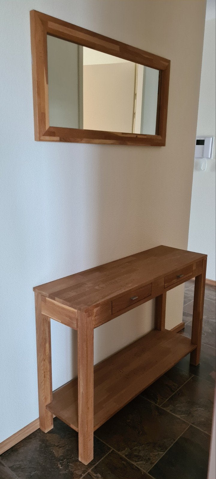 Set sidetable / gangtafel met spiegel licht eiken, Huis en Inrichting, Tafels | Sidetables, Ophalen, 100 tot 150 cm, Eikenhout