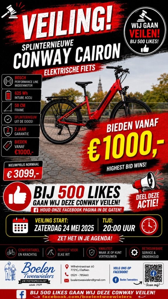 Facebook veiling Conway Cairon Elektrische fiets 26 augustus, Niet ingevuld, Zo goed als nieuw, 51 tot 55 cm, CONWAY