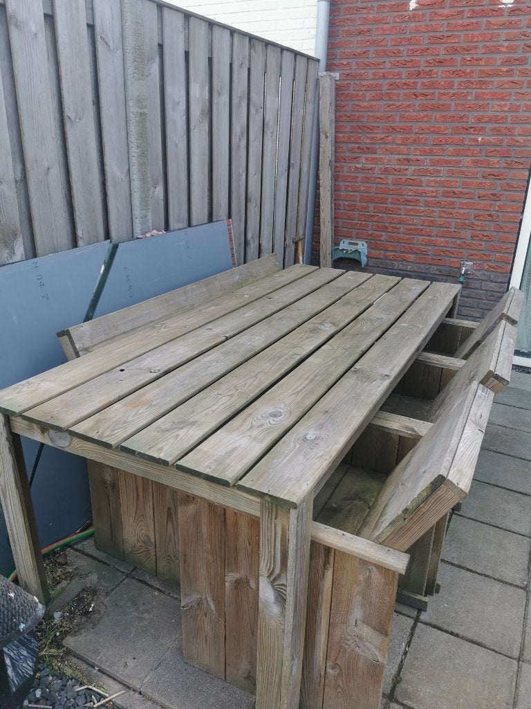 Tuinsets bank en 3 stoelen en Eettafel  L 200cm B 88cm, Ophalen, Bank, 6 zitplaatsen, Teakhout