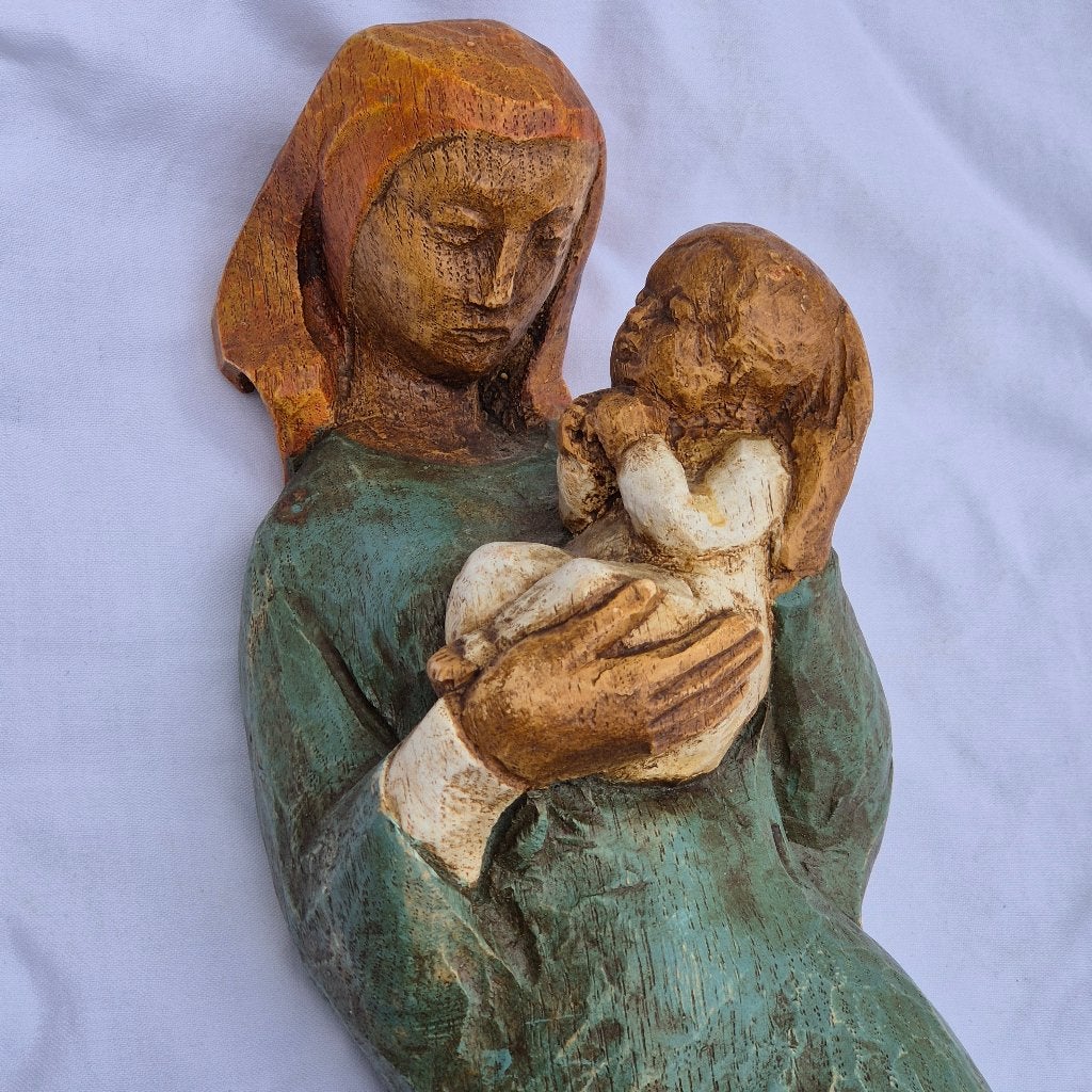 Wandbeeld Maria met kind, 43 cm prachtige kleuren, Antiek en Kunst, Antiek | Religie, Ophalen of Verzenden