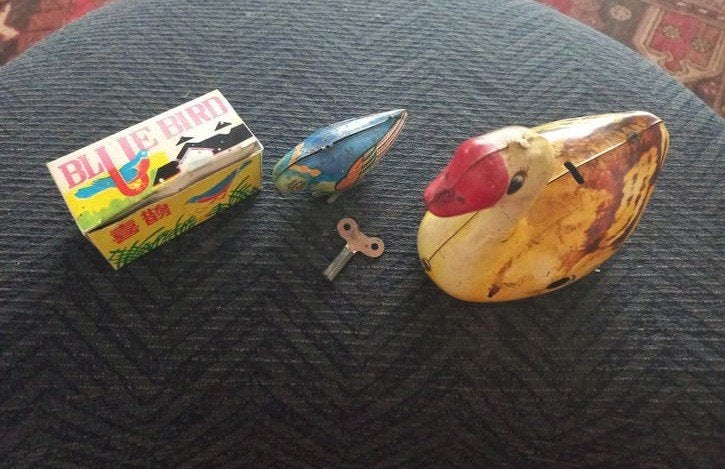 Vintage blikken speelgoed: vogel en eend jaren 50/70, Ophalen of Verzenden, Gebruikt