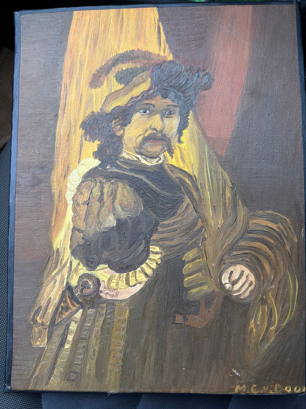 Handgeschilderd schilderij 'De Vaandeldrager' (Rembrandt), Antiek en Kunst, Ophalen, Paneel, Portret of Personen, Gesigneerd