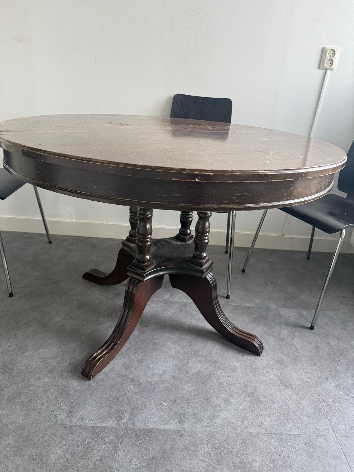 Houten uitschuifbare ronde tafel, Ophalen, Gebruikt, 100 tot 150 cm, Rond
