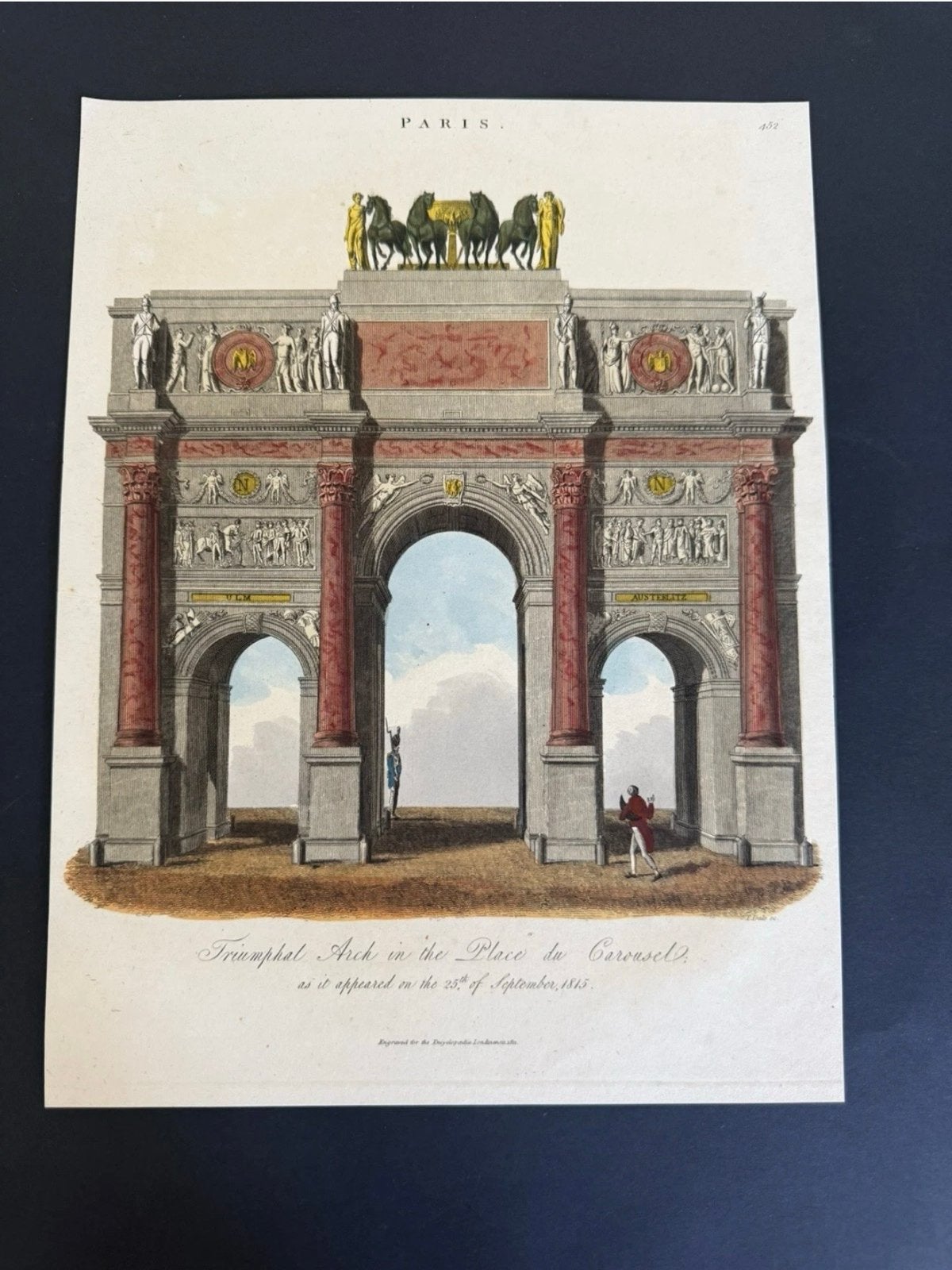 Antieke Handgekleurde Gravure "Parijs Triomfboog Place 1815, Antiek en Kunst, Handgekleurd, 1800 - 1899, Architectuur, Ophalen of Verzenden