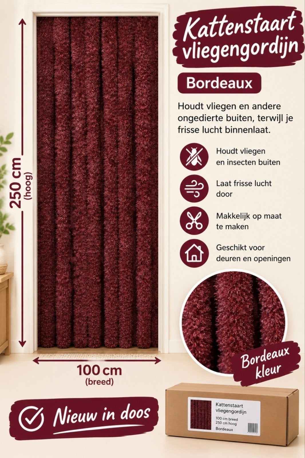 Nieuw Kattenstaart Vliegengordijn Bordeaux 100x250cm, Nieuw, Ophalen of Verzenden, Vliegengordijn, In te korten