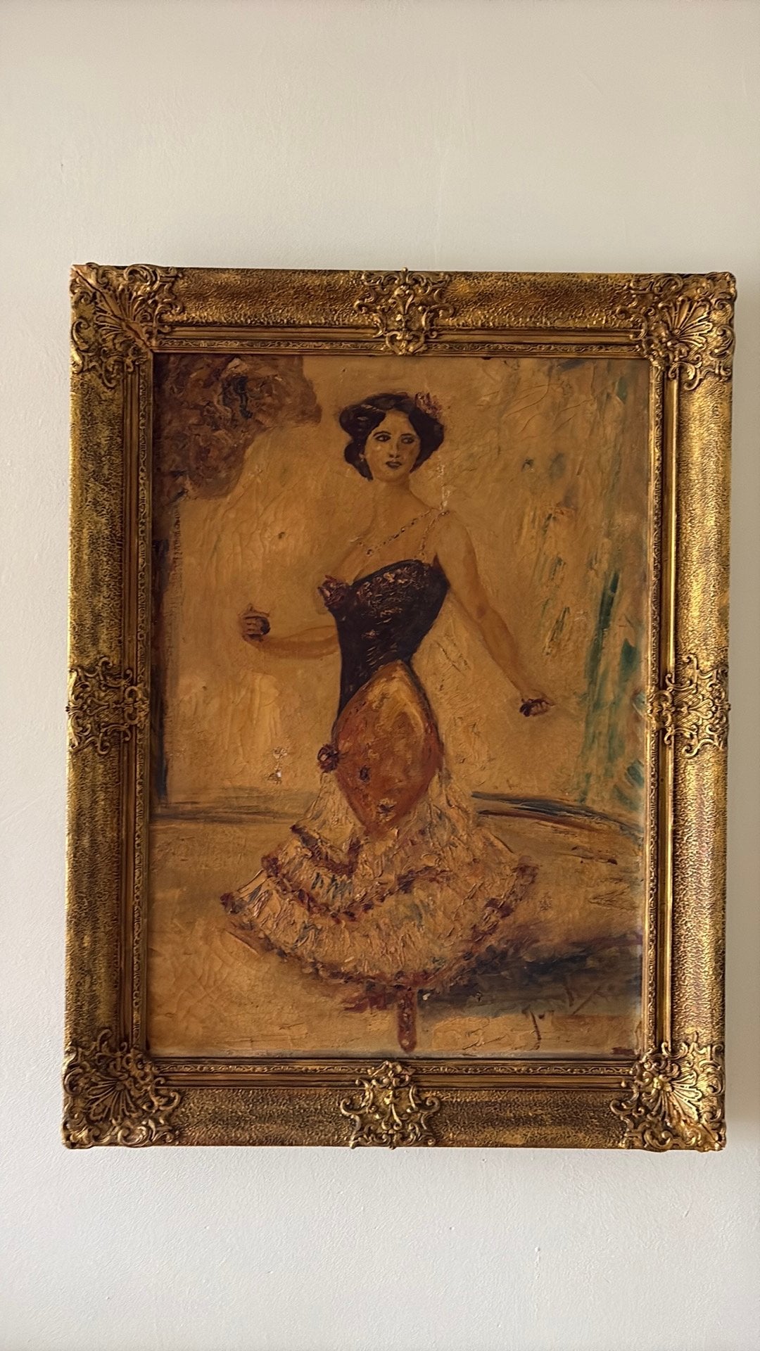 Groot Antiek Olieverf Schilderij - Spaanse Flamenco Danseres, Doek, Portret of Personen, Ophalen of Verzenden, Gesigneerd
