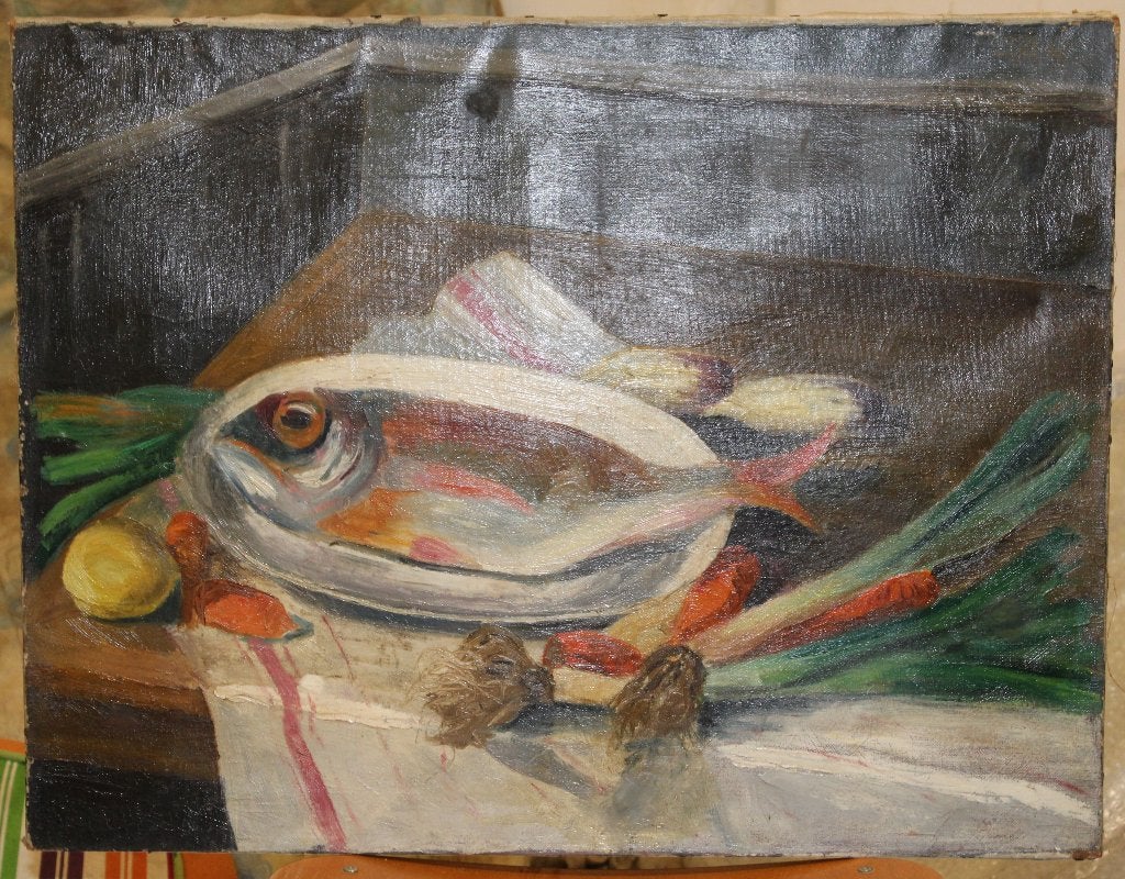 No 27 Stilleven met vis en groenten Olieverf  H.KUYTEN, Antiek en Kunst, Kunst | Schilderijen | Klassiek, Realistisch, Stilleven