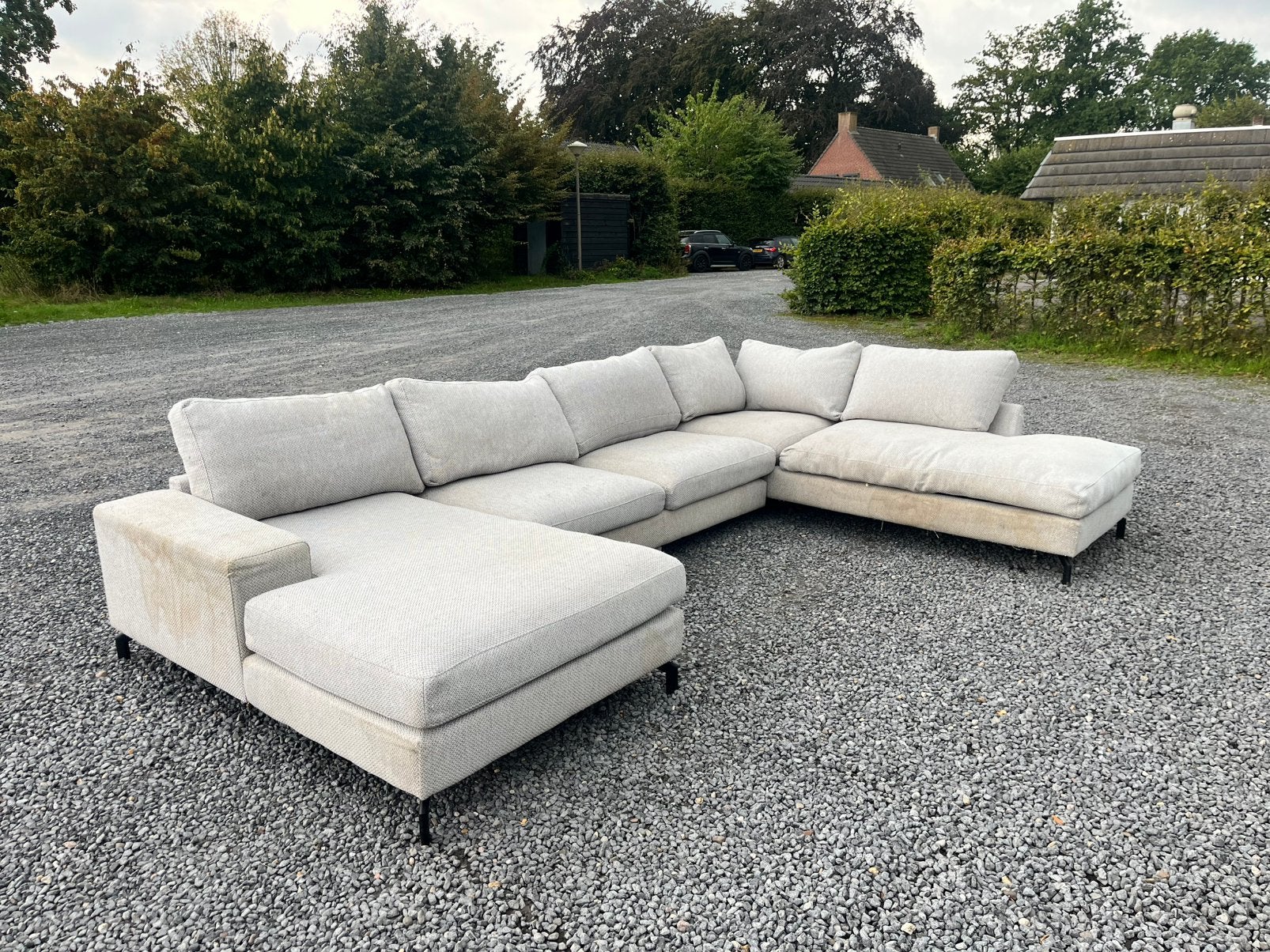Hoekbank 4x2mtr. Grijs stof., Ophalen of Verzenden, Zo goed als nieuw, Vierpersoons of meer, Stof