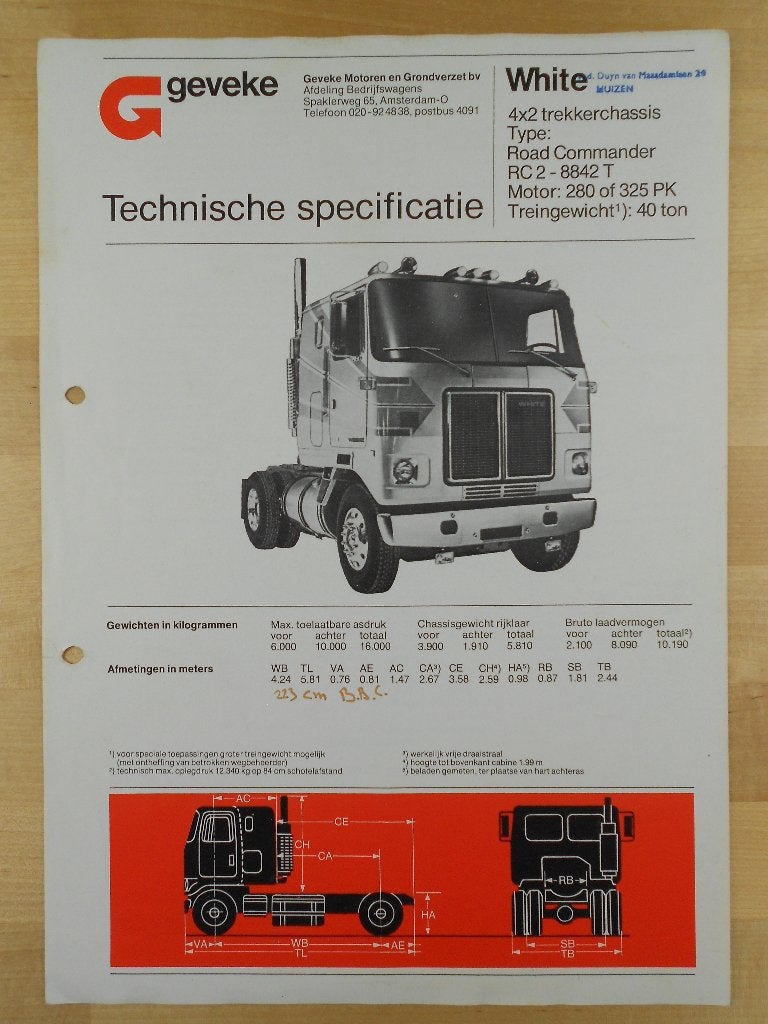White Road Commander 4x2 Specificatie Brochure 1976, Boeken, White, Ophalen of Verzenden, Zo goed als nieuw, Overige merken