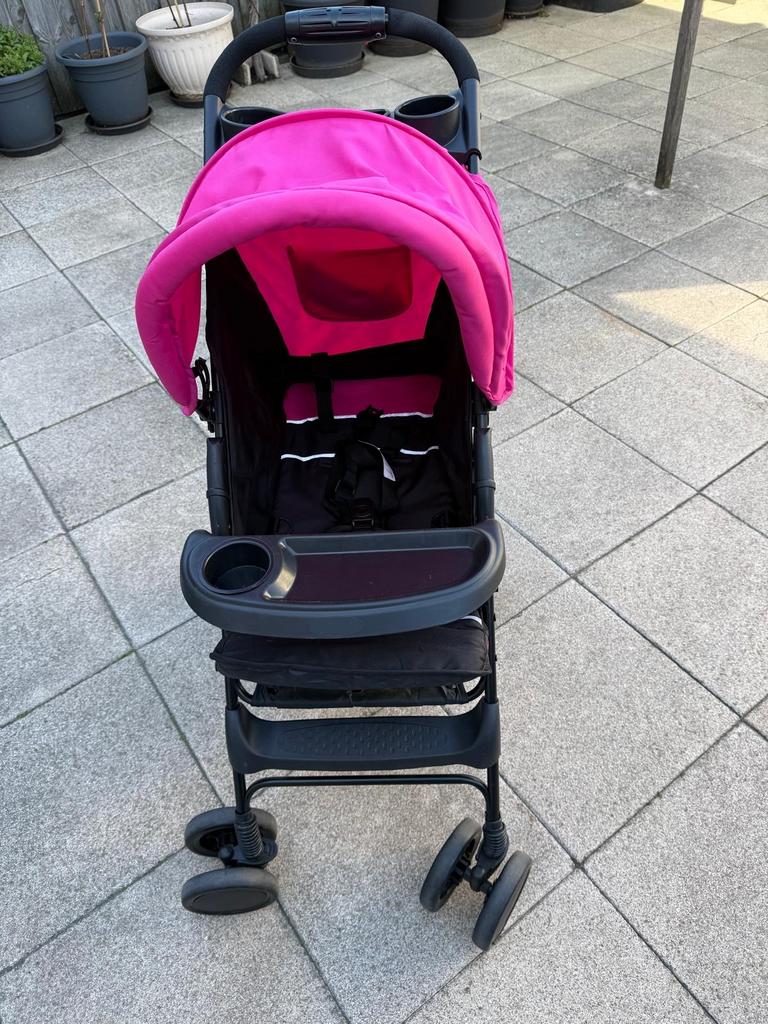Roze kinderwagen/buggy met zonnekap en bekerhouders, Ophalen, Gebruikt, Overige merken, Verstelbare rugleuning