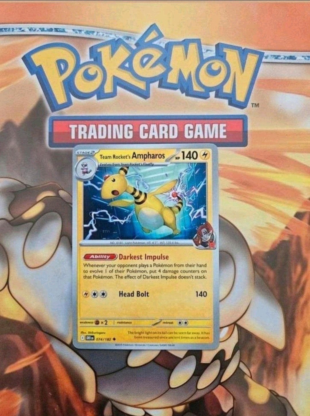 Team Rocket's Ampharos 074/182 Destined Rivals pokemon nm, Ophalen of Verzenden, Zo goed als nieuw, Losse kaart