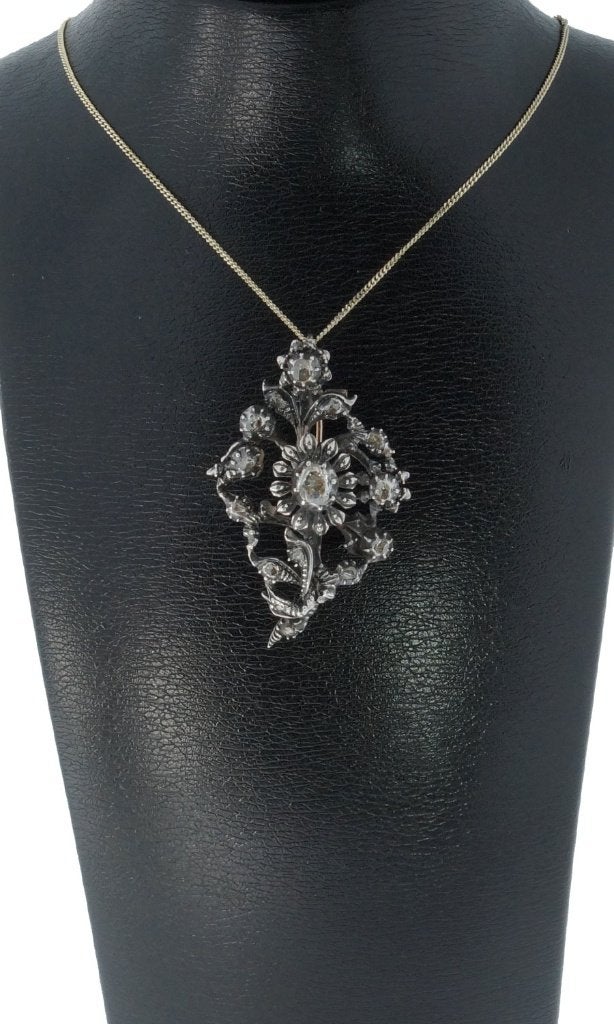 Diamanten fraai antieke 14k gouden broche zilver bloem tak, Verzenden, Goud, Hanger, Met edelsteen