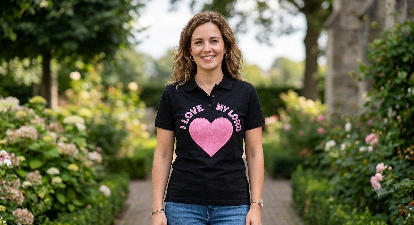 Zwart poloshirt met 'I love my Lord' opdruk, Maat 38/40 (M), Verzenden, Zwart, Korte mouw