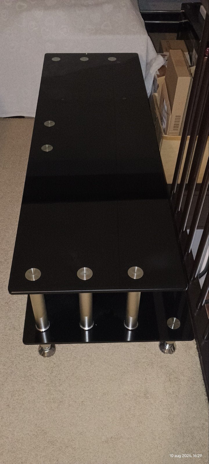 Zwart glazen tv-meubel / audiomeubel - 140x51x40 cm, Ophalen, Gebruikt, 50 tot 100 cm, Glas