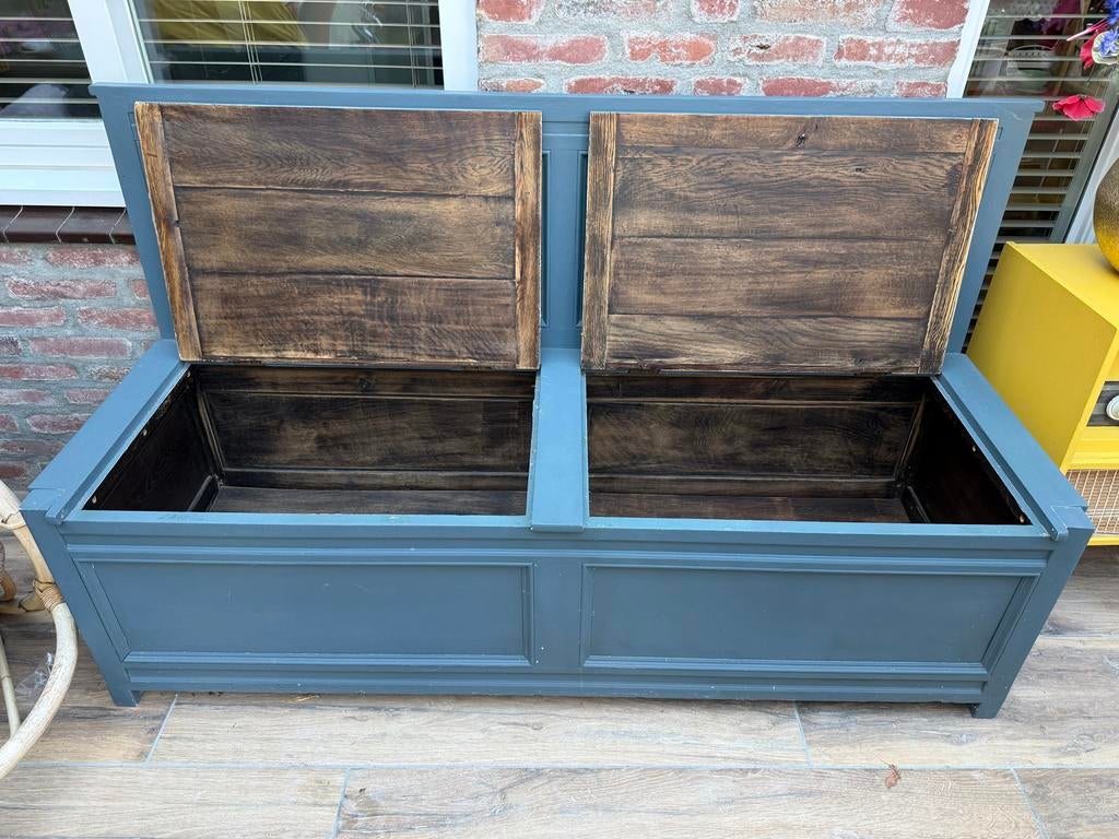 Houten klepbank (kleur: groen/blauw) met opbergruimte, Ophalen, Gebruikt, Minder dan 75 cm, 150 tot 200 cm