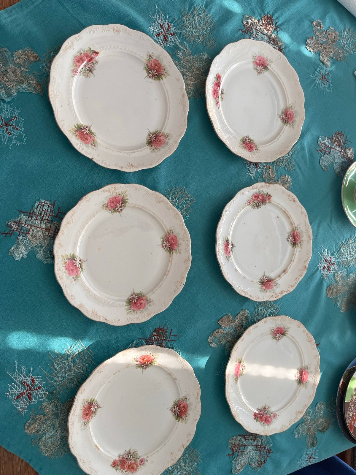 Antieke porseleinen borden met rozenmotief - Set van 6, Ophalen