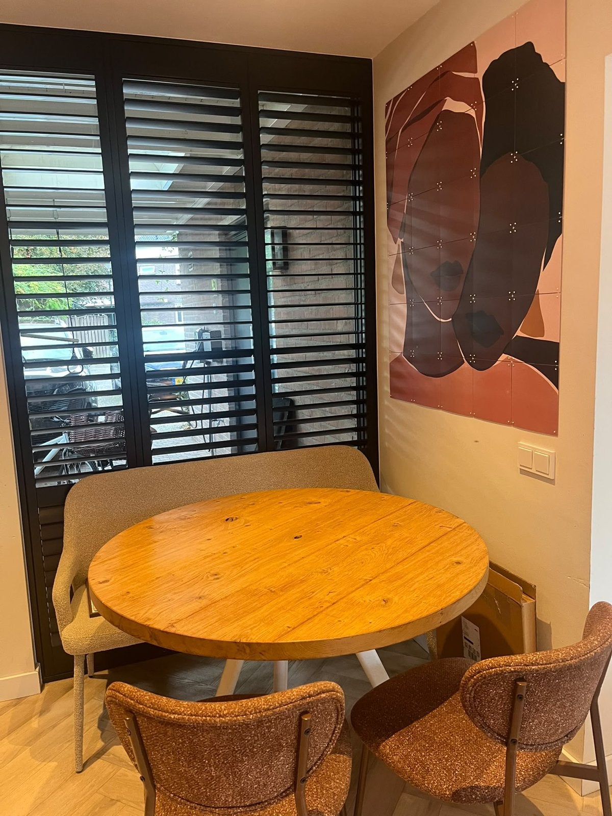 Ronde eettafel eiken 110cm met witte middenpoot, Huis en Inrichting, Ophalen, Gebruikt, Vier personen, 100 tot 150 cm