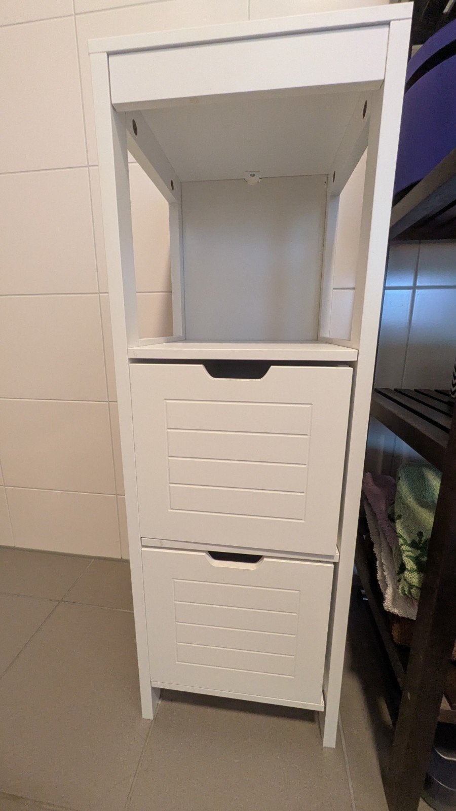 Witte badkamerkast met 2 lades en open schap, Huis en Inrichting, Badkamer | Badkamermeubels, Ophalen, (Half)hoge kast, Minder dan 50 cm