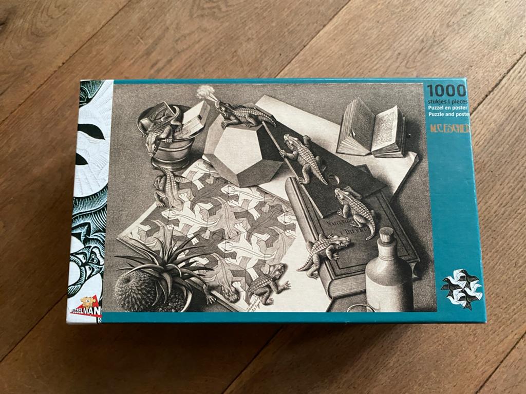 MC Escher Reptielen Legpuzzel 1000 stukjes, Ophalen of Verzenden, 500 t/m 1500 stukjes, Zo goed als nieuw, Legpuzzel