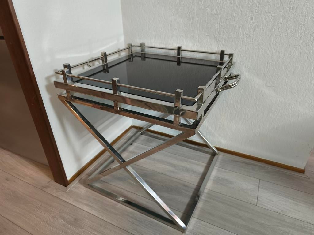Luxe bijzettafel Eric Kuster stijl – Zilver met zwart glas, Huis en Inrichting, Ophalen, 60 cm of meer, Rechthoekig, 55 tot 75 cm