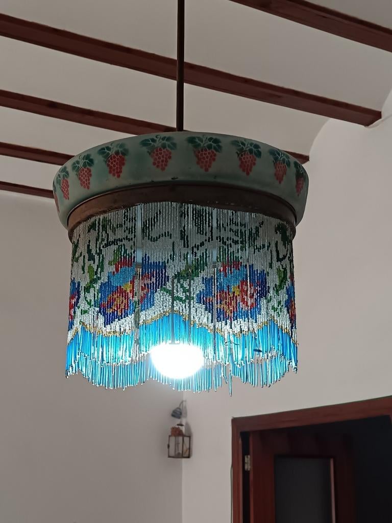 Unieke handgemaakte kralen hanglamp met druivenmotief, Ophalen of Verzenden