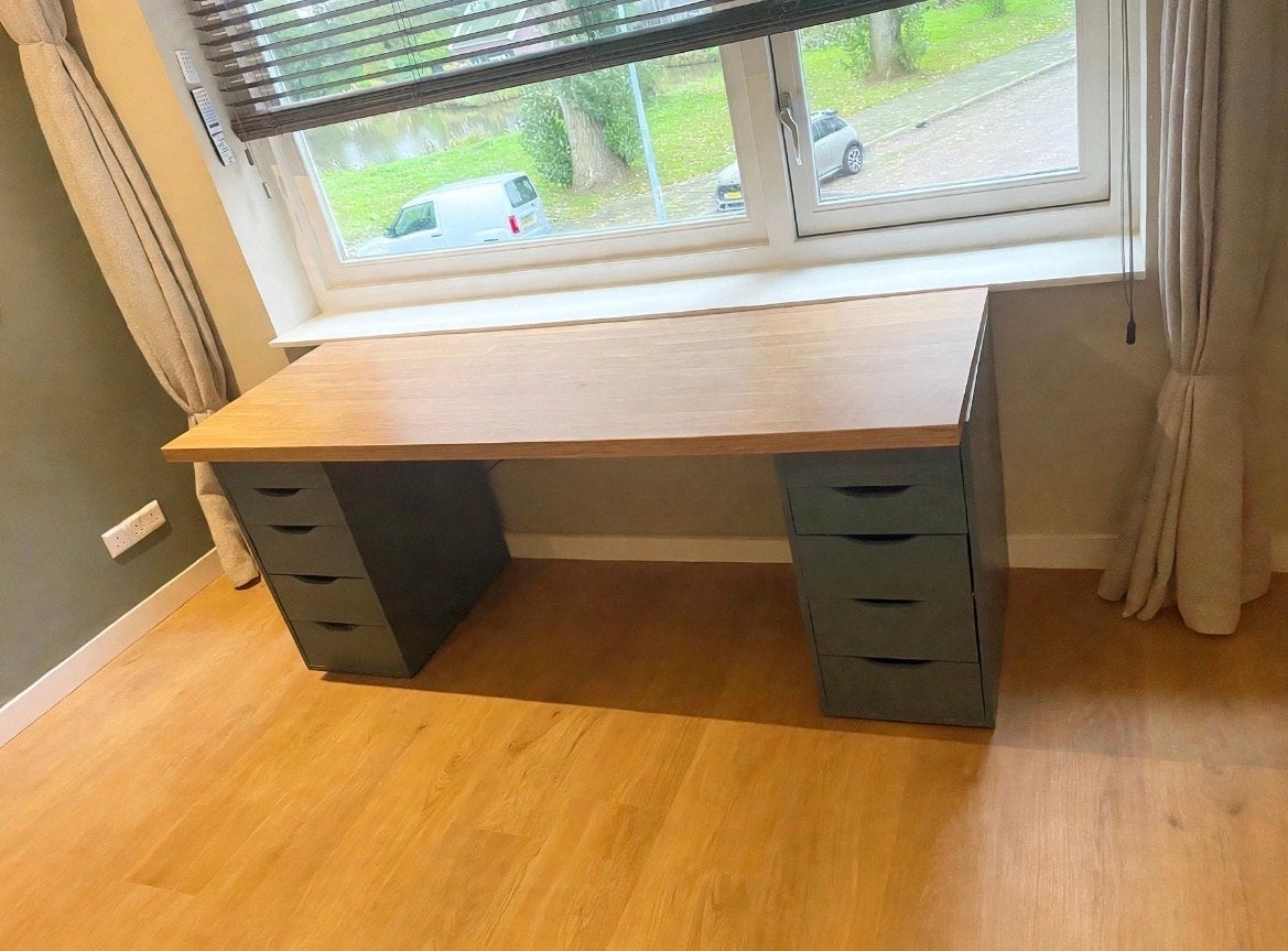 IKEA ALEX Bureau met 2 ladeblokken en tafelblad, Gebruikt, Met lades, Spaanplaat of MDF, Ophalen of Verzenden