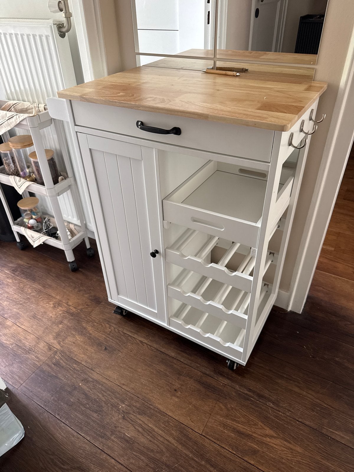 Witte Keukentrolley met Houten Blad en Wijnrek, Huis en Inrichting, Keuken | Keukenbenodigdheden, Ophalen, Hout, Keukentrolley