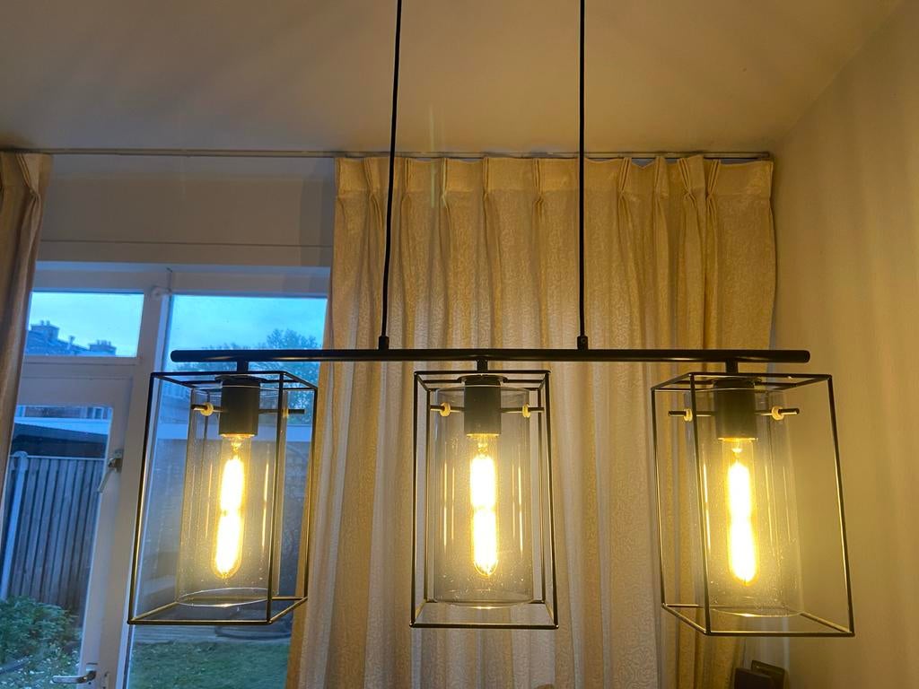 Hanglamp 3-lichts industrieel met warm LED (60cm), Ophalen, Zo goed als nieuw, Metaal, 50 tot 75 cm