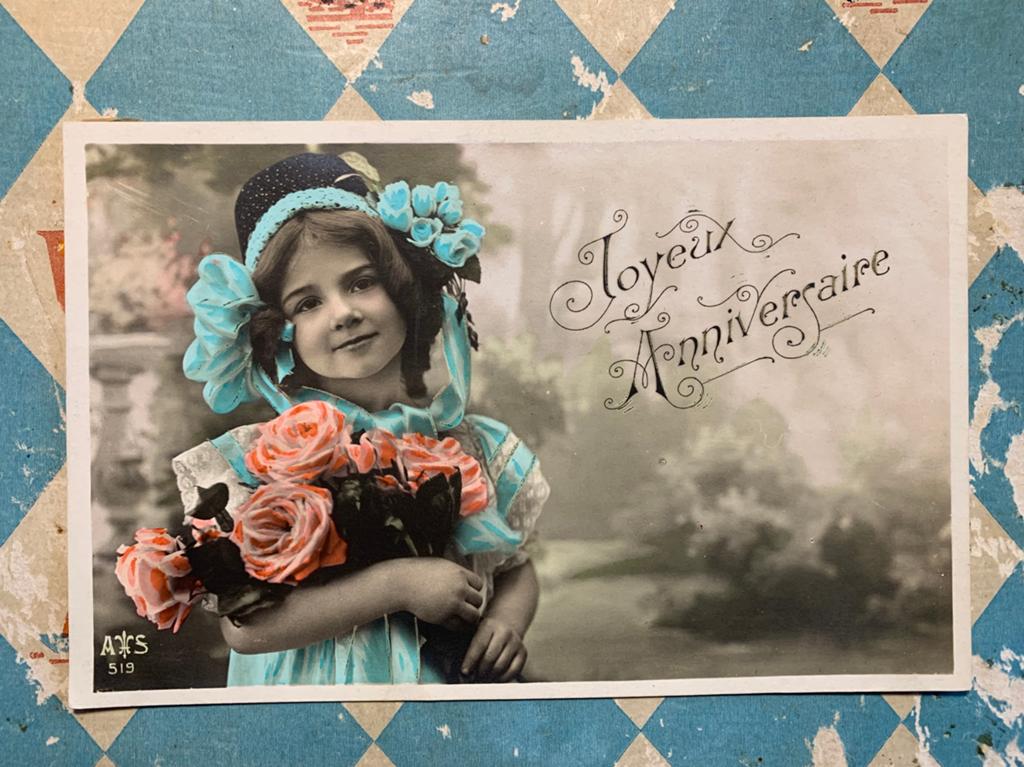 1907 Joyeux Anniversaire - meisje in blauwe jurk (EL), Ophalen of Verzenden, Voor 1920, Gelopen, Kinderen