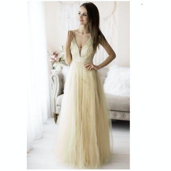 Galajurk Eva & Lola goud, feestjurk, Kleding | Dames, Gelegenheidskleding, Maat 38/40 (M), Galajurk, Overige kleuren, Ophalen of Verzenden