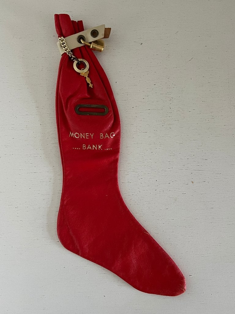 Vintage leren spaarkous met slotje en sleutel, Verzamelen, Ophalen of Verzenden, Gebruikt