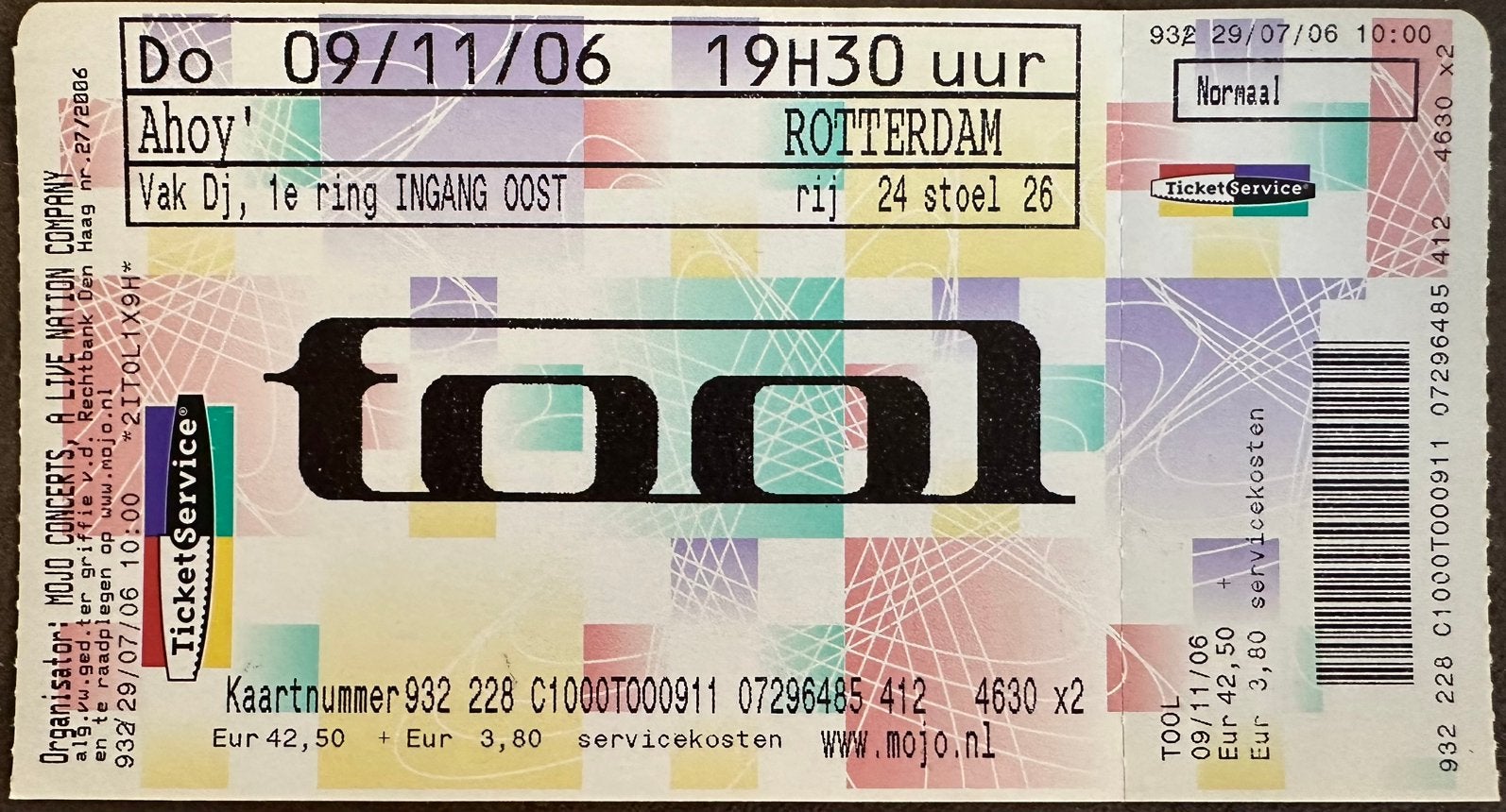 Ticket TOOL in Ahoy Rotterdam, 2006, Verzenden, Gebruikt, Foto of Kaart