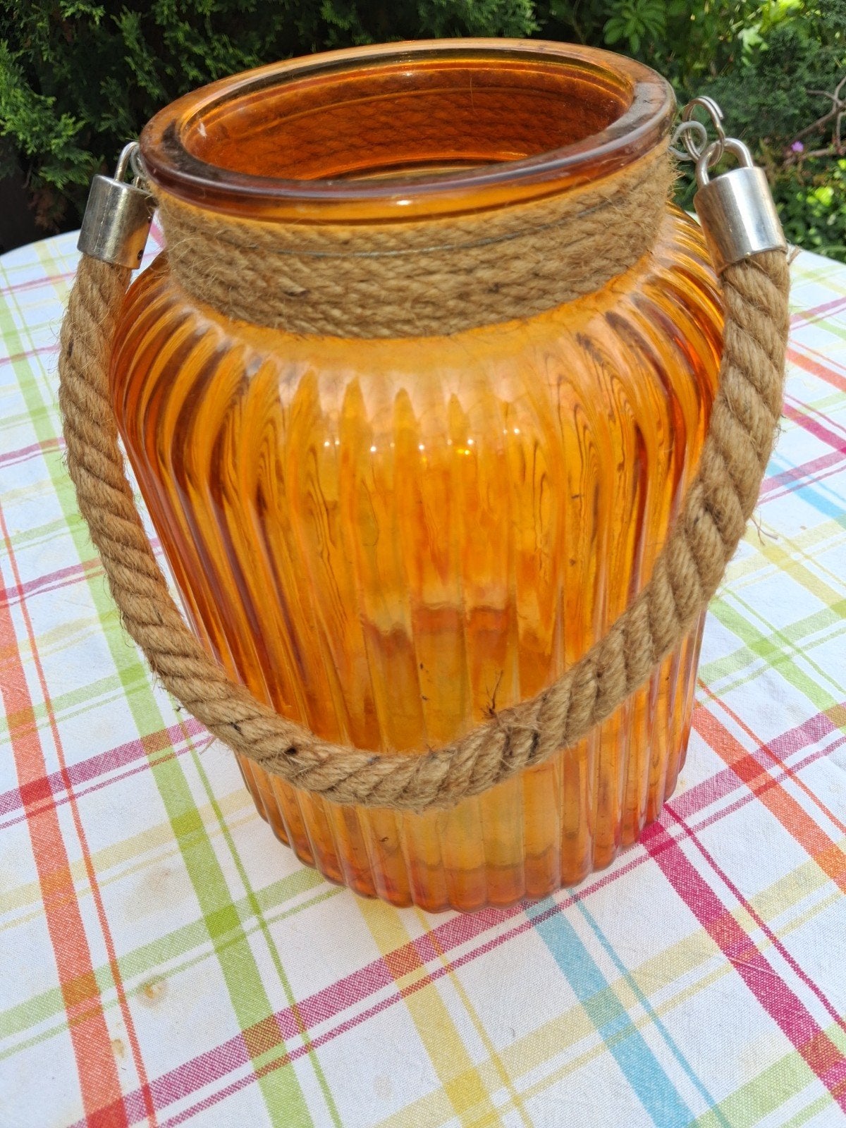 Oranje glazen windlicht met touw handvat, Ophalen, 50 tot 75 cm, Oranje, Glas