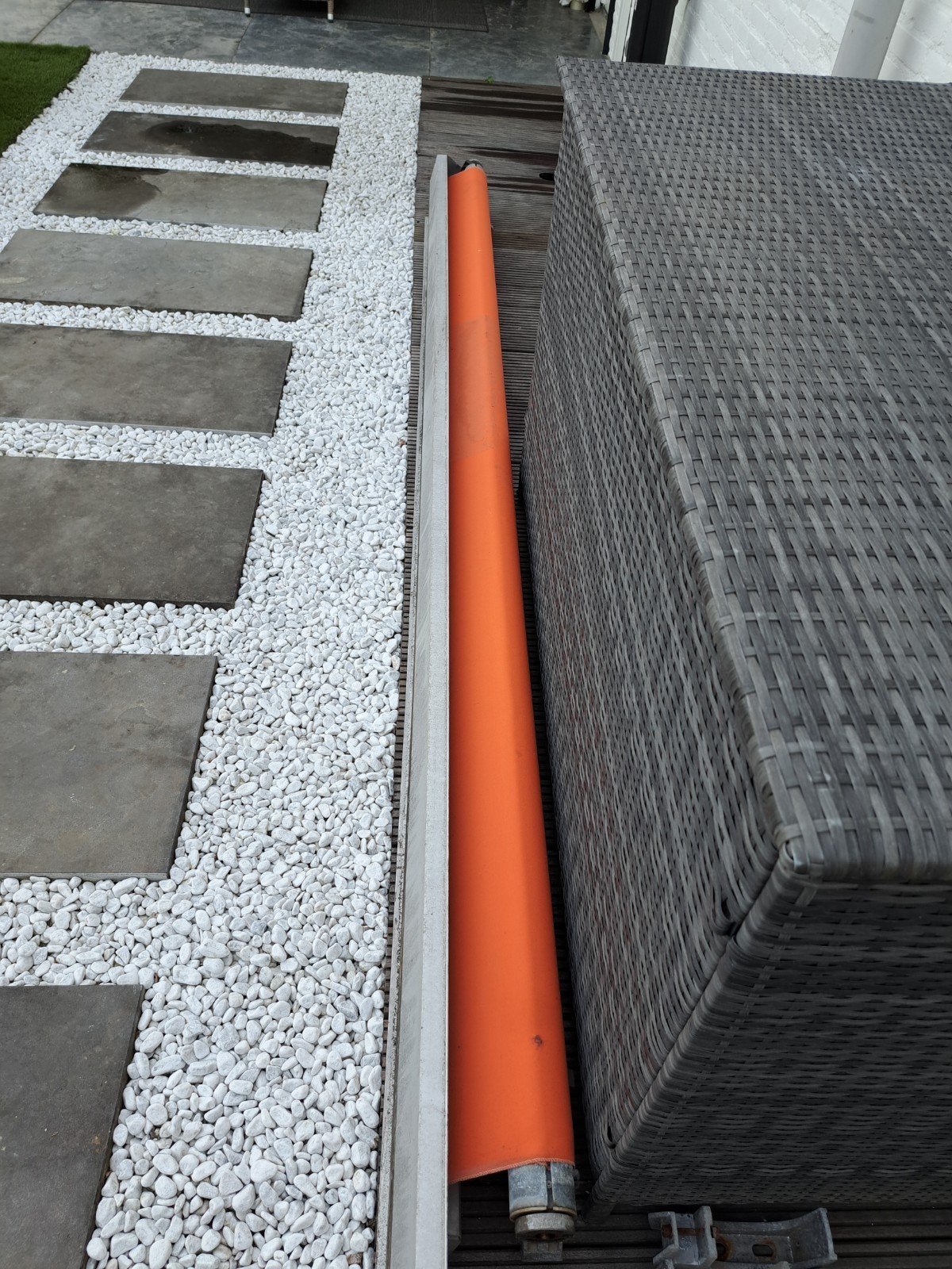Oranje zonneluifel 340cm breed, doek van 320cm, Tuin en Terras, Zonneschermen, Gebruikt, Knikarmscherm, 150 tot 300 cm, 250 cm tot 450 cm