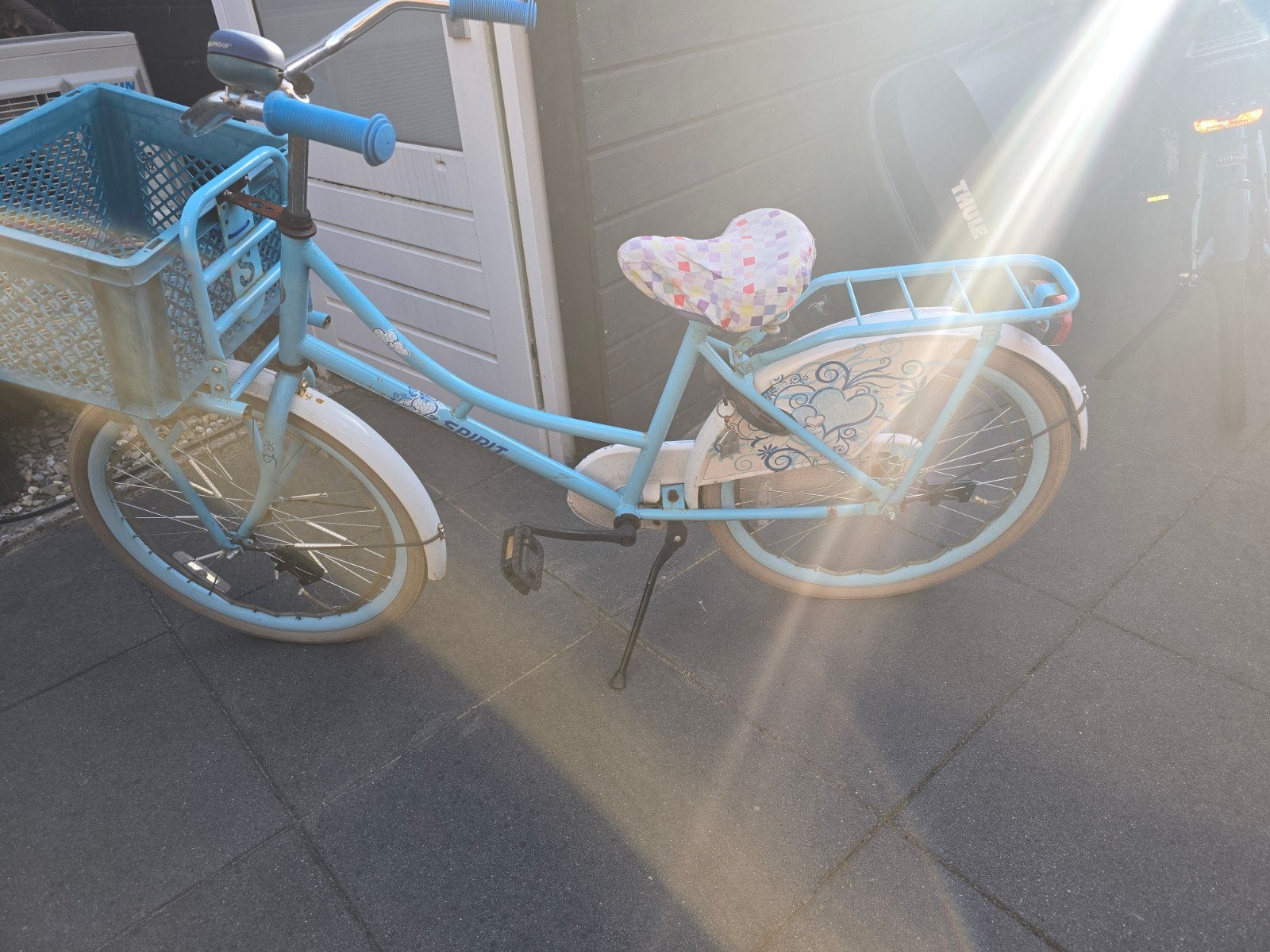 Leuke blauwe kinderfiets met mandje en bagagedrager, Ophalen, Gebruikt, Spirit, Terugtraprem